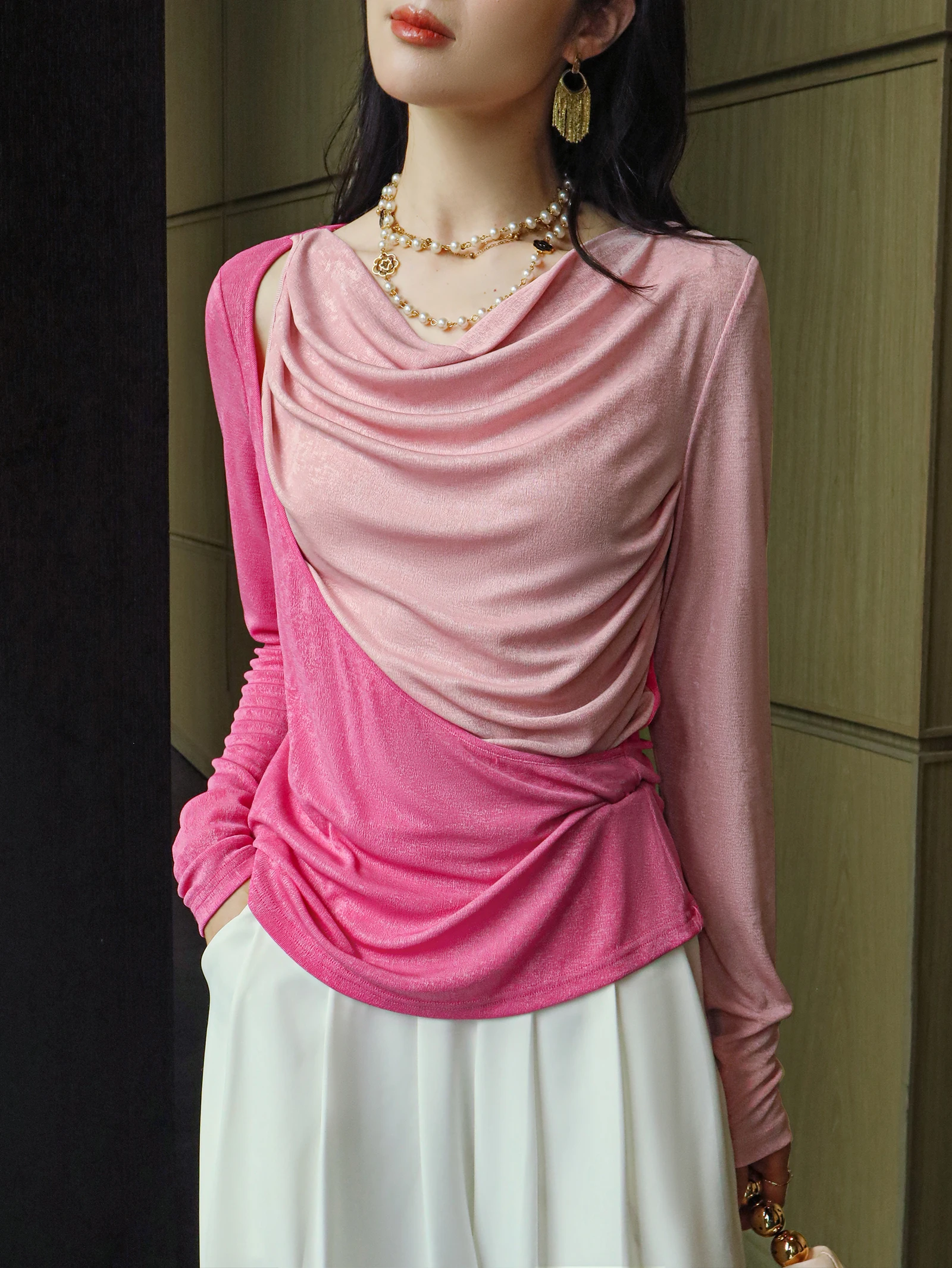 

Elegant Slimming Long Sleeve Knitted Top Color Block Design Soft Polyester Fiber Gentle Pink Spring Fashion Women's Wear