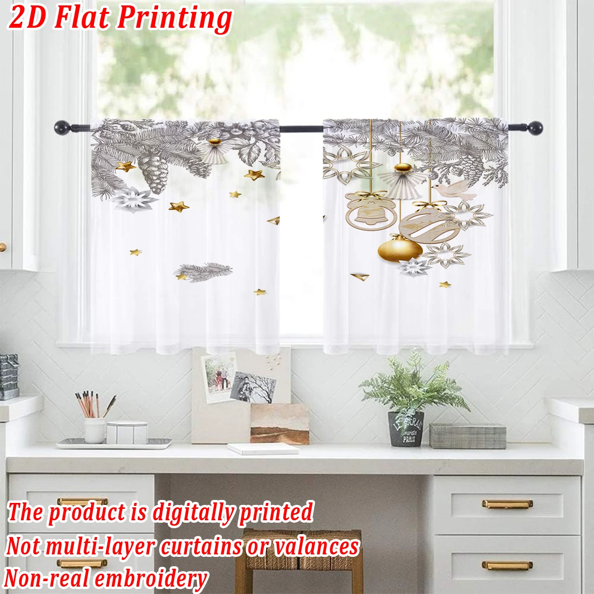 Christmas Flat Printing Kitchen Sheer Curtain with Merry Christmas Ball Ornament Pine Branch For Christmas Home Decor  Party
