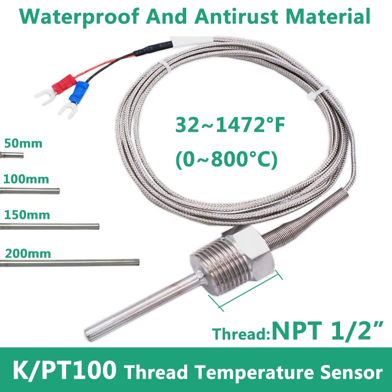 

800°C Degree High Temperature Sensor Thread NPT 1/2 Stainless Steel Probe K Type PT100 Thermocouple Tube Temperature Controller