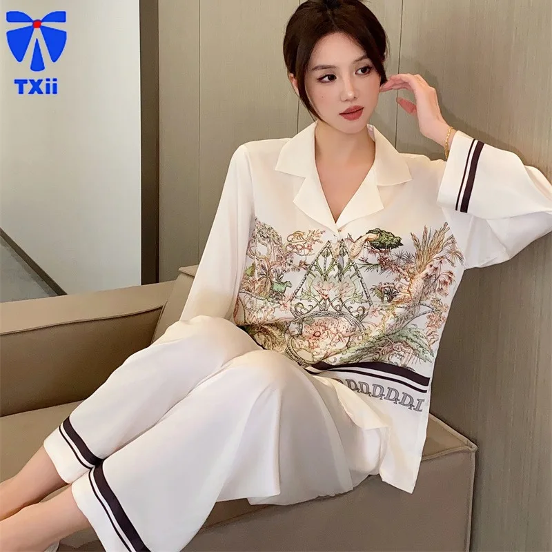 TXii Newlook Spring New Cardigan Lapel Ice Silk Women\'s Pajamas Long-sleeved Trousers Two-piece Suit High-end Home Wear