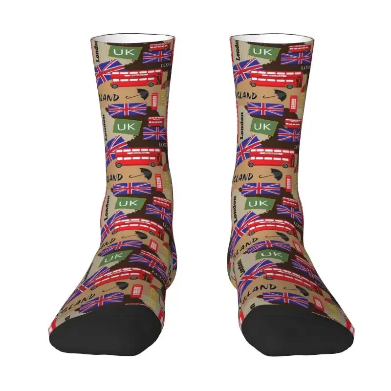 British London Newspaper Texture Mens Crazy Crew Socks Hip Hop Kawaii 3D Printed UK United Kingdom Symbol Dress Socks