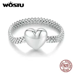 WOSTU Solid 925 Sterling Sivler 9MM Big Heart Watchband Chain Rings For Women Lovely Girl Heart-shaped Watch Link Ring Jewelry