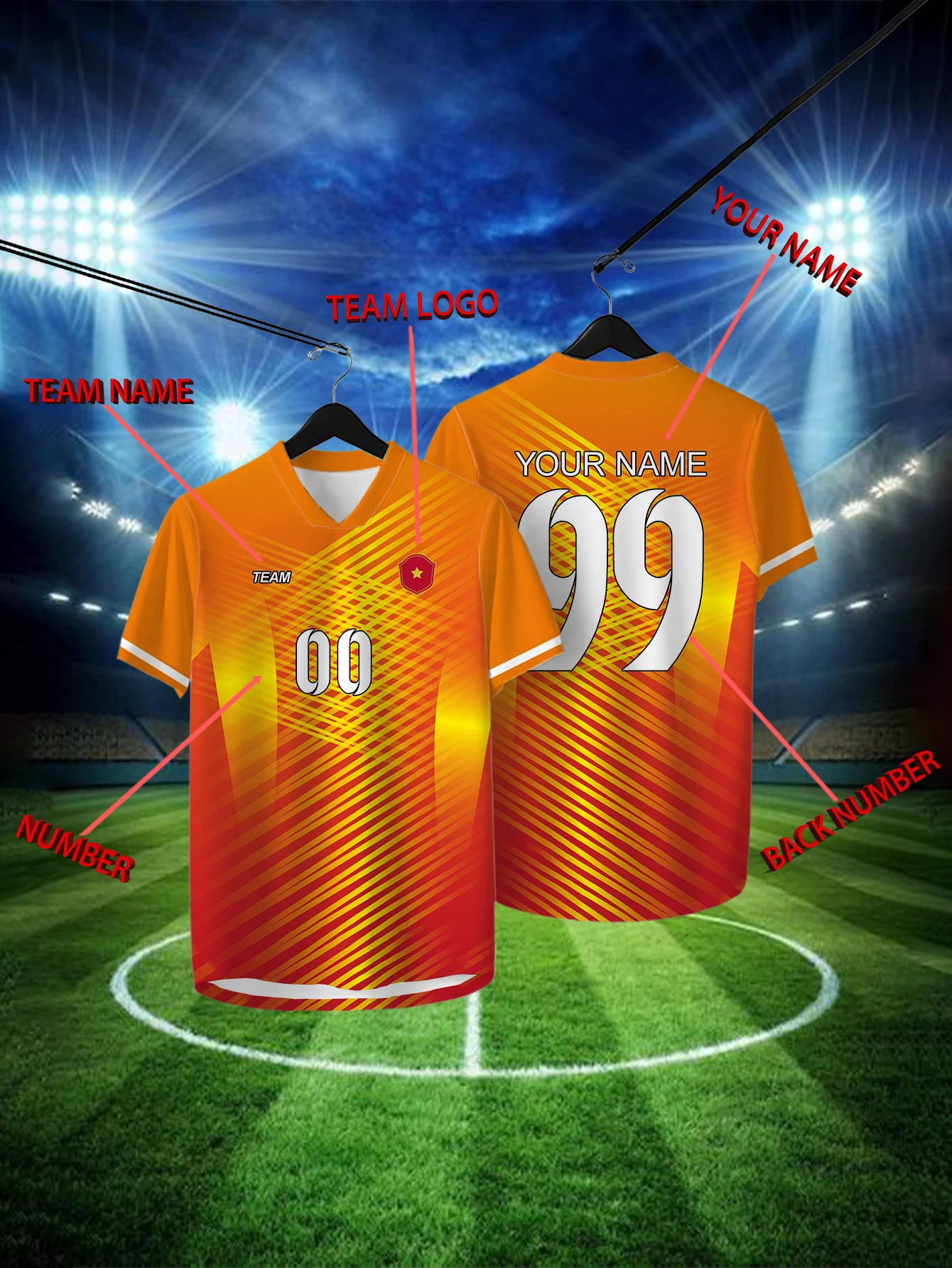 

Customized Geometric Orange Short Sleeved Shirt with Team Name, Emblem, Name and Number, Outdoor Sports Short Sleeved T-shirt