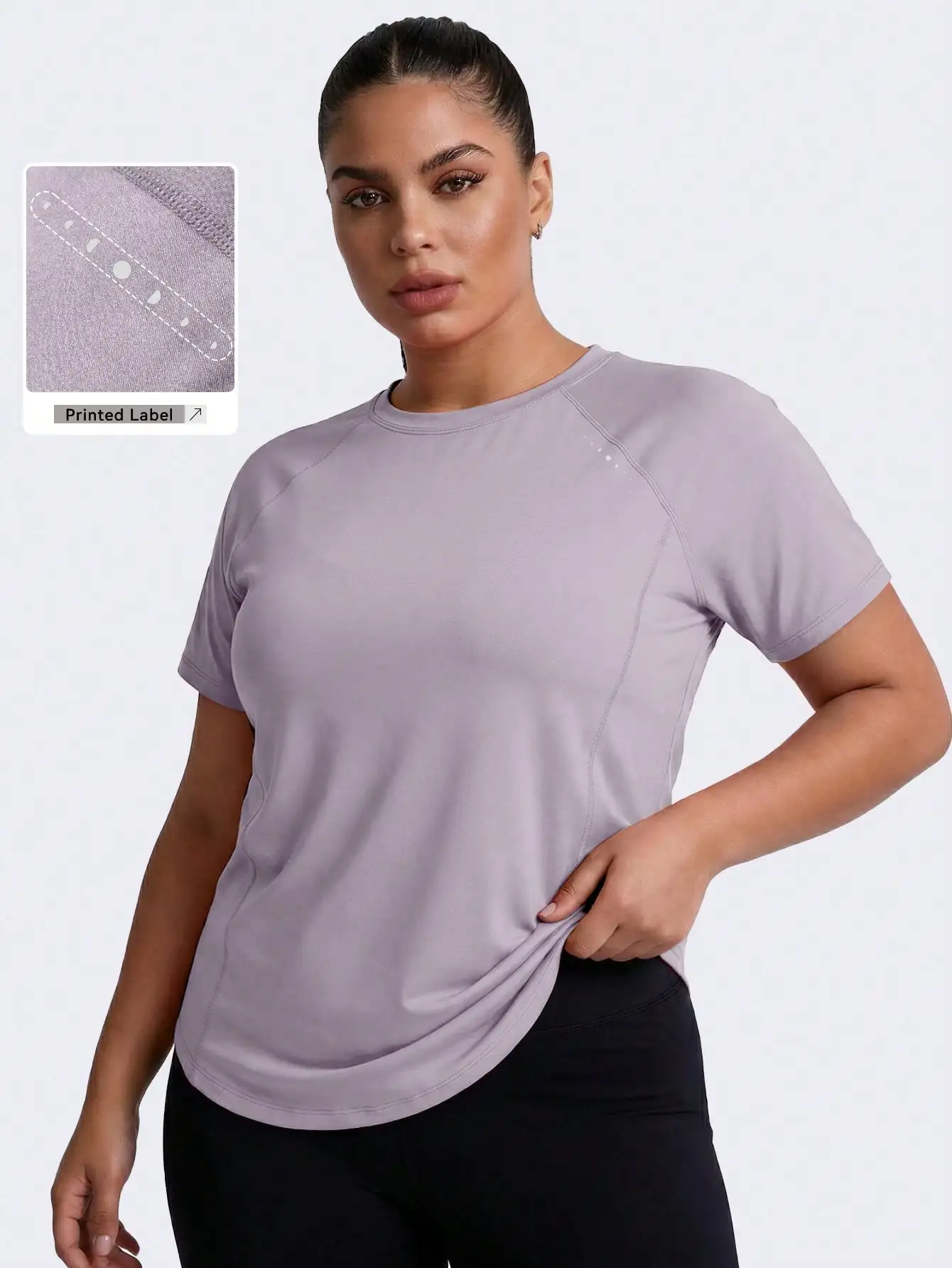 Plus Size Women Gym Workout Shirt 4 Way Stretch Yoga Top Short Sleeve Raglan Sleeve Breathable Fitness Tee Curved Hem Sportswear