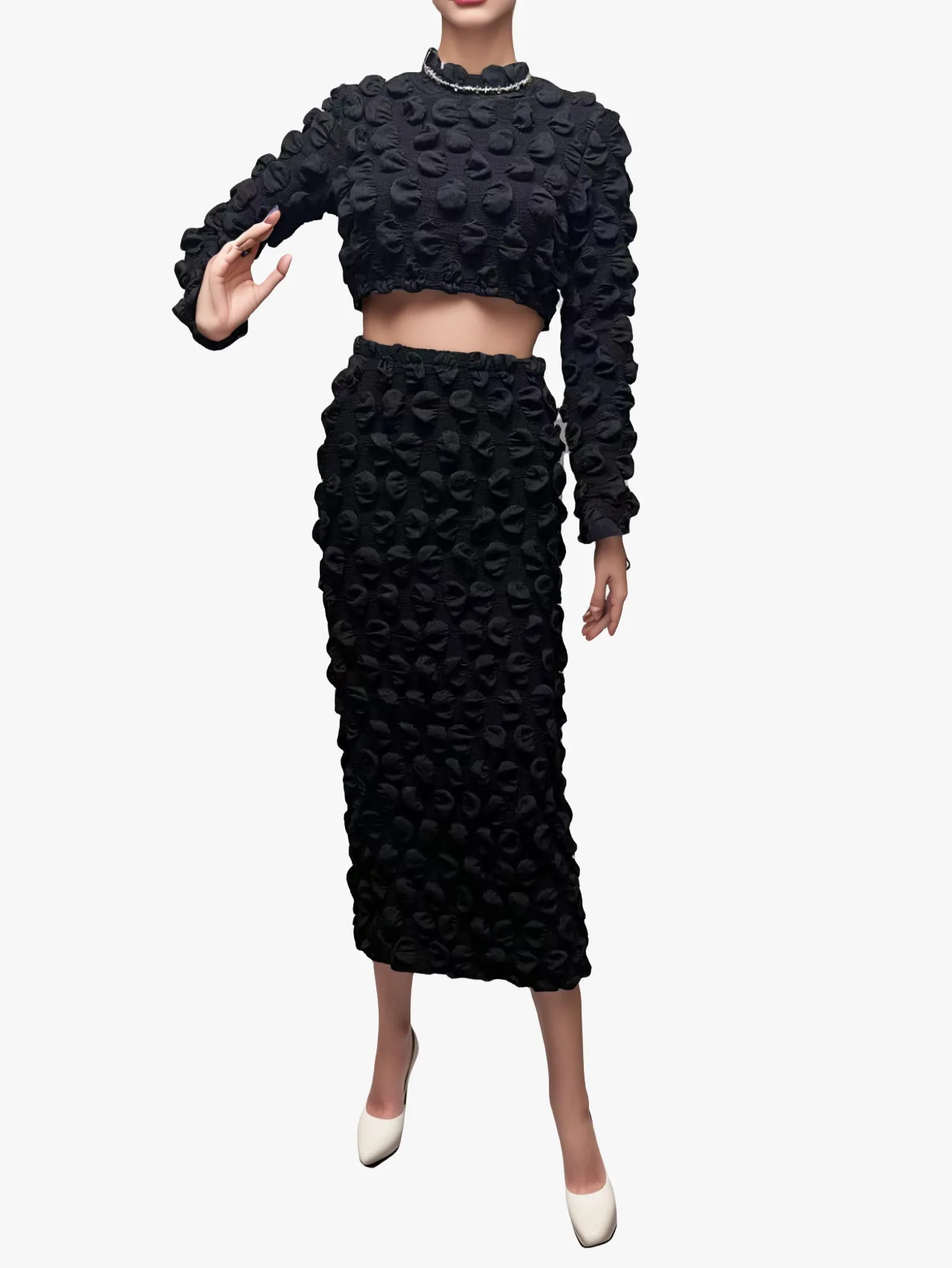 2024 Spring Women\'s Water Drops Bubble Long Sleeve Top-Skirt Set, Bodycon Casual High Waist Maxi Skirt, Plus Size