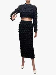 2024 Spring Women's Water Drops Bubble Long Sleeve Top-Skirt Set, Bodycon Casual High Waist Maxi Skirt, Plus Size