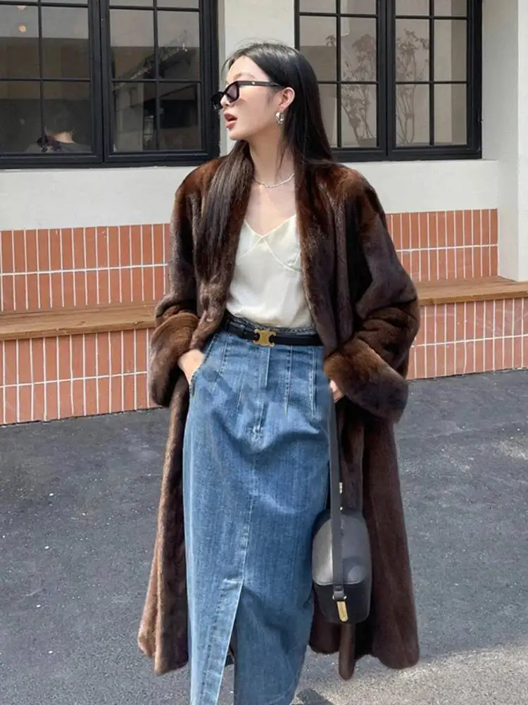 Fashion Chestnut Faux Fur Coat Women's V-neck Loose Long Sleeves Plush Thick Mid-length Jacket Winter New 7DVKK