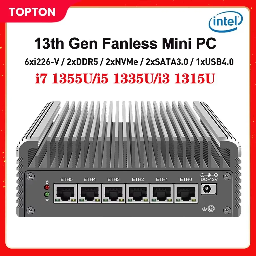 

13th Gen Fanless Mini PC Intel i7 1355U i5 1335U i3 1315U 6xi226-V 2.5G Soft Router USB4.0 2xDDR5 NAS Firewall Appliance Proxmox