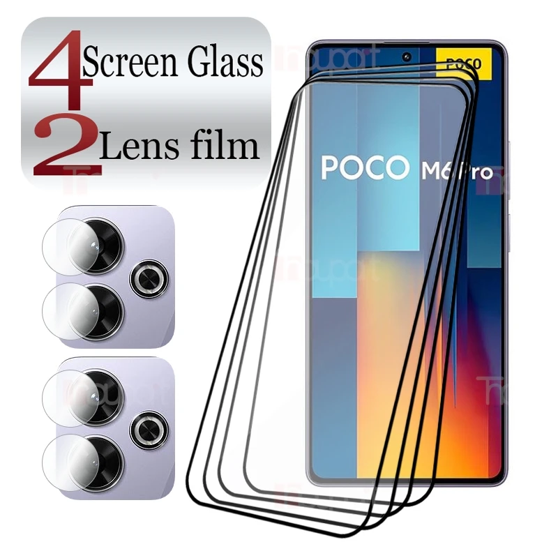 

4 + 2 упаковки, закаленное стекло с полным клеем для Xiaomi POCO M6 Pro 4G, защитная пленка для экрана 9H, прозрачная защита от царапин + мягкое волокно, пленка для камеры