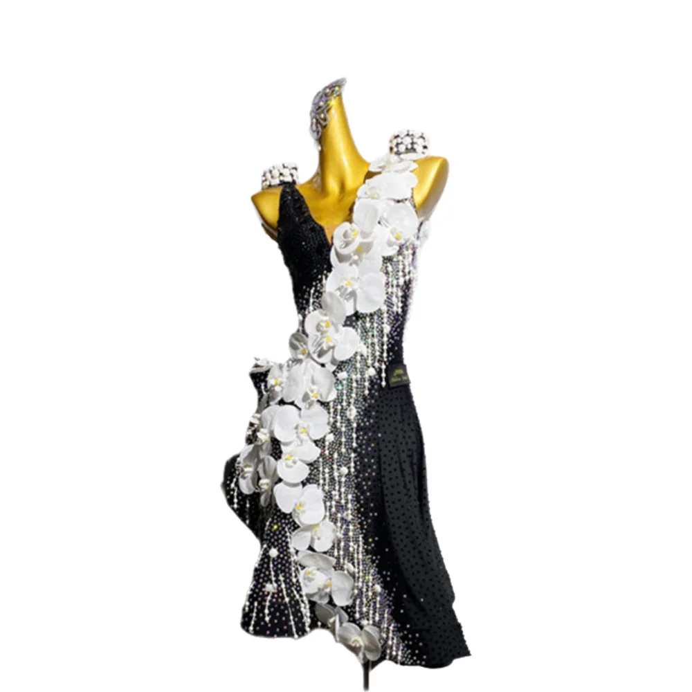 

Latin Dancers, Adults, Children, High-End Customized Pearl Dresses, Ethnic Style Printed Tango Samba AB Stone Performance Dress