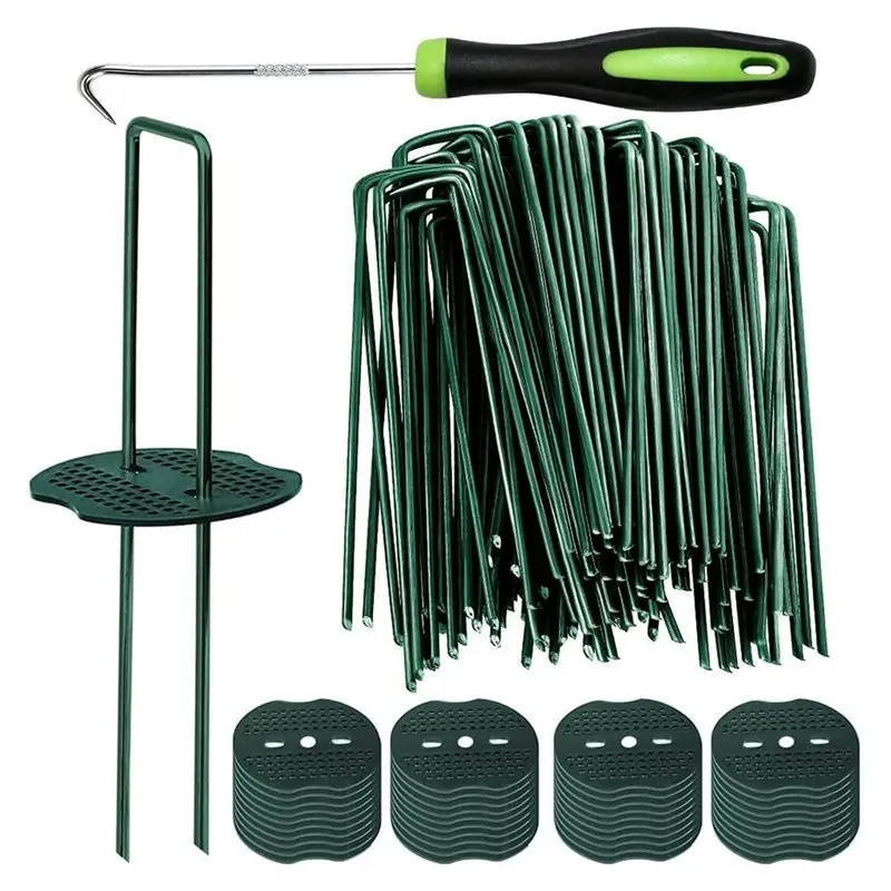 

GYTB-Скобы для газона усиленные (50 шт.), 6-дюймовые зеленые ландшафтные скобы с буферными шайбами для газонных покрытий, защиты от сорняков и мульчирующих материалов