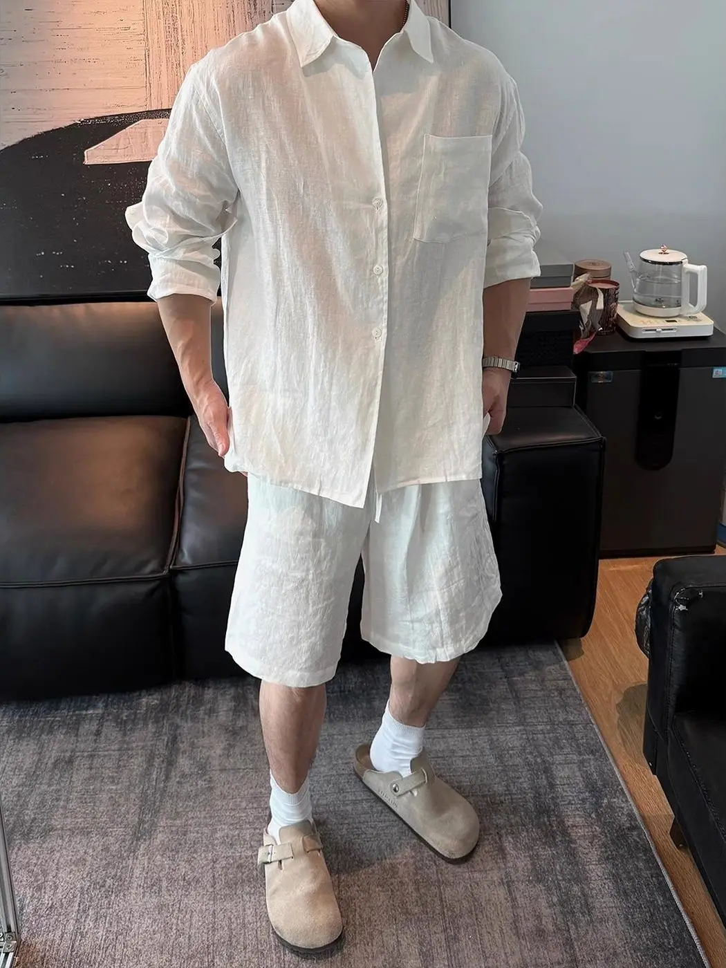 Spring/Summer Men's Matching Sets French Casual Fashion Loose White Lapel Long Sleeve Shirt Elastic Waist Shorts 2 Pieces Set view 4