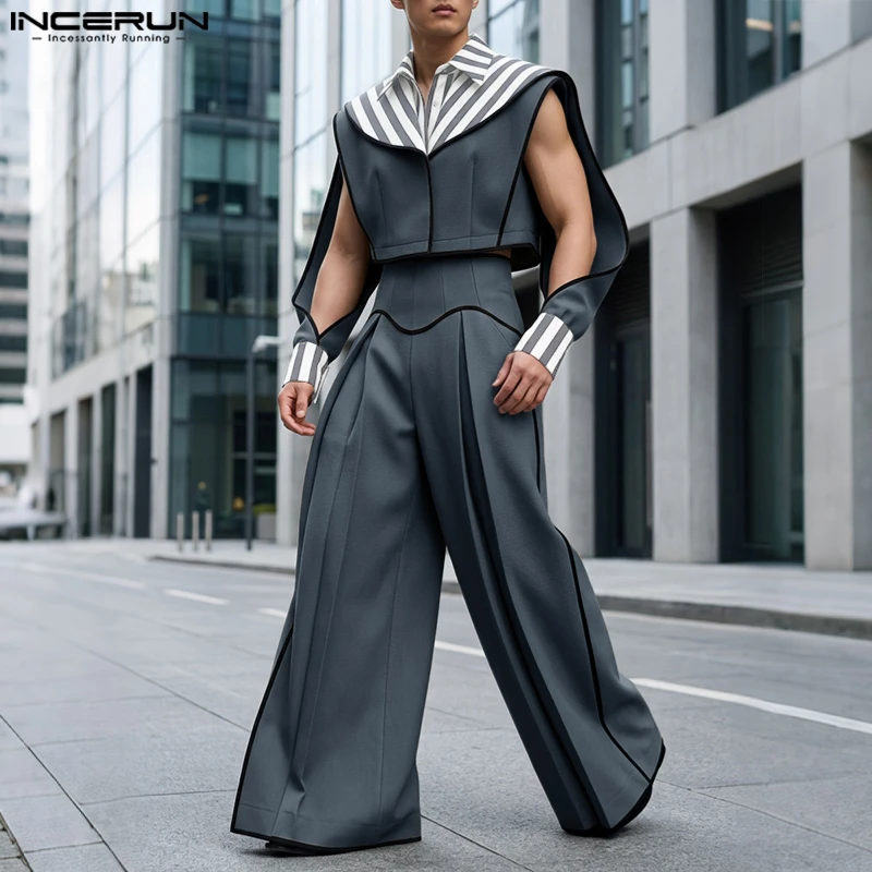 INCERUN Men Sets Patchwork Color-block Split Long Sleeve Crop Jackets Wide Leg Pants Two Piece Sets Streetwear Men Matching Sets