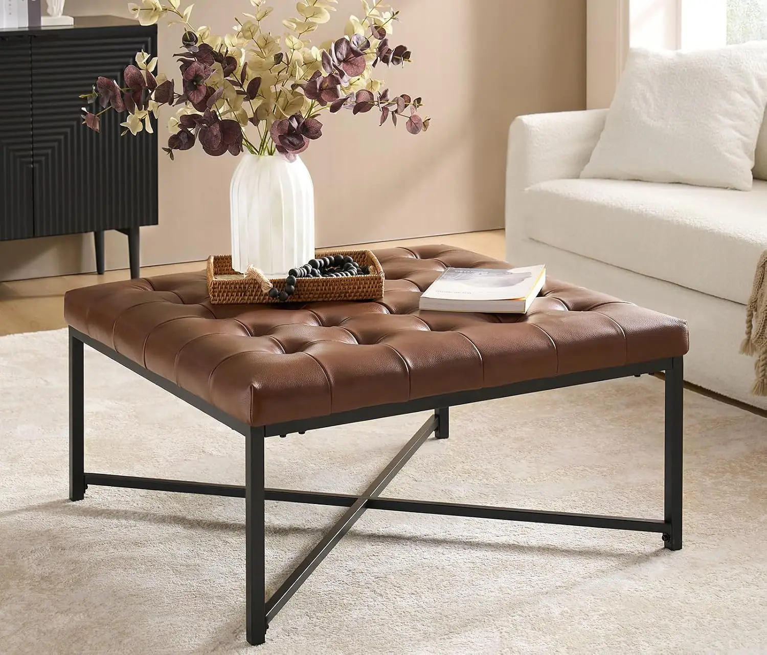 Leather Square Ottoman Coffee Table With Tufting & Metal Base, Upholstered Bench For Living Room, Brown, Customized