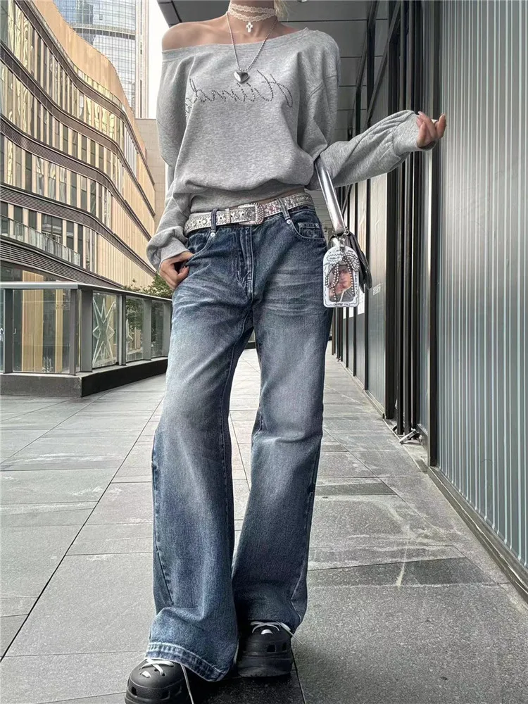 

Американские джинсы-клеш с широкими штанинами и низкой посадкой для женщин, весна-осень, свободные, стройнящие, удлиненные