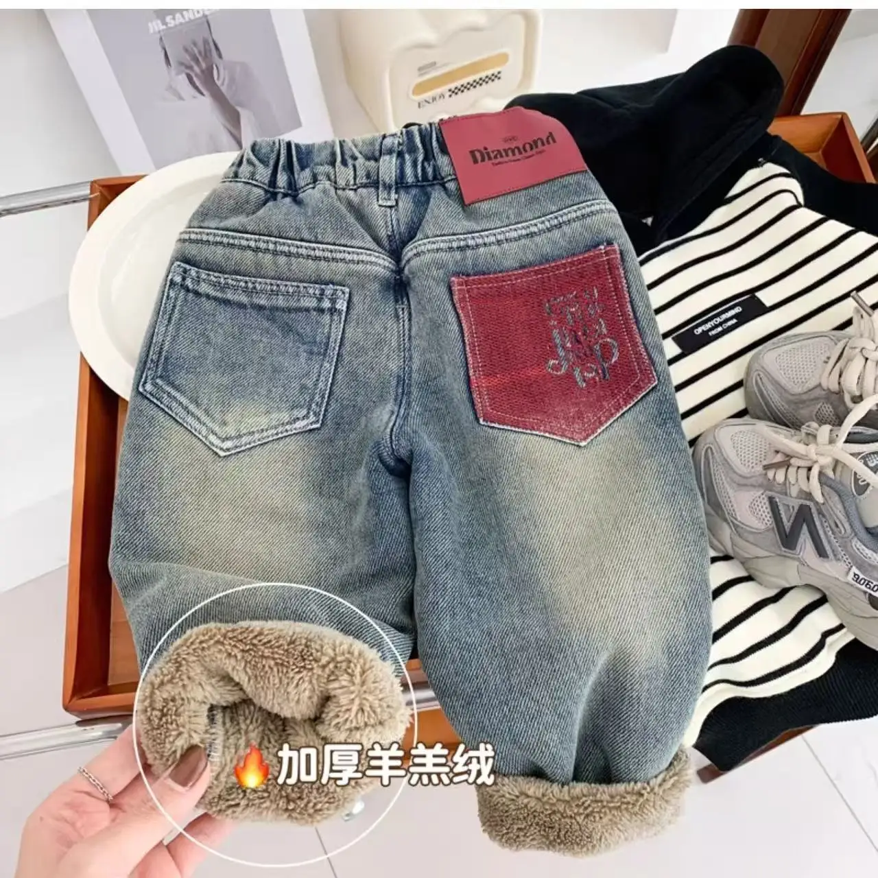 

Children's Fleece Jeans Boys' Lamb Velvet Jeans Autumn and Winter Children's Thick Velvet Pants for Warmth Trousers