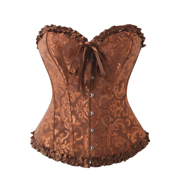 Damen-Overbust-Korsett, Vintage-Jacquard, Rüschen, Schleife vorne, Busk hinten, Schnürung, Taillenformer, Freizeit-, Party- und Alltagskleidung – Detail 3