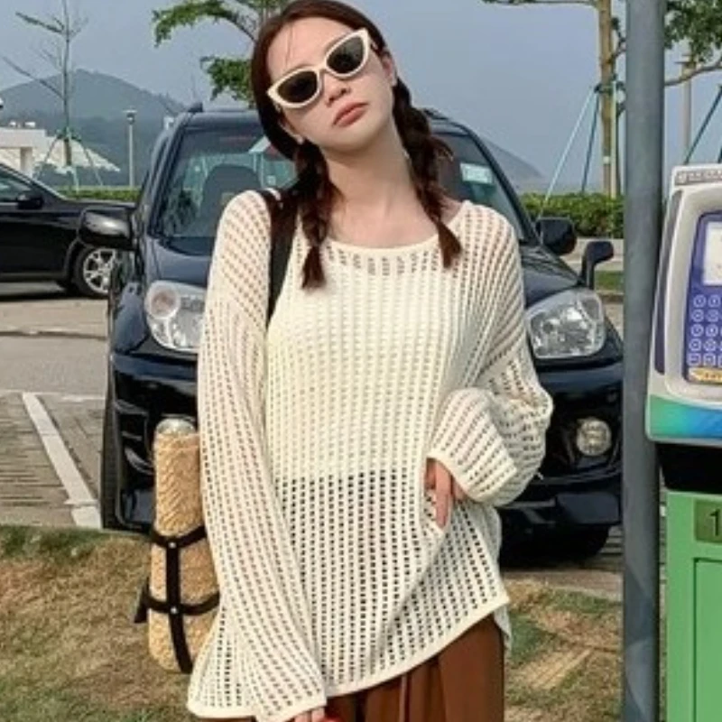 Pullovers Women Breathable Hollow Out Lazy Style Japanese Version Summer Female Hotsweet Loose Casual Personality Harajuku Solid