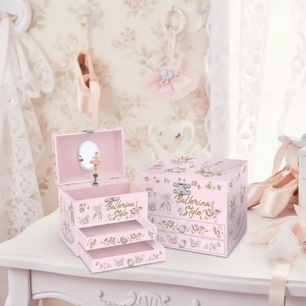 Rotating Hand Crank Wooden Music Box Built-in Jewelry Storage Drawer-Modern MDF Construction Cute Keepsake Gift For Little Girls