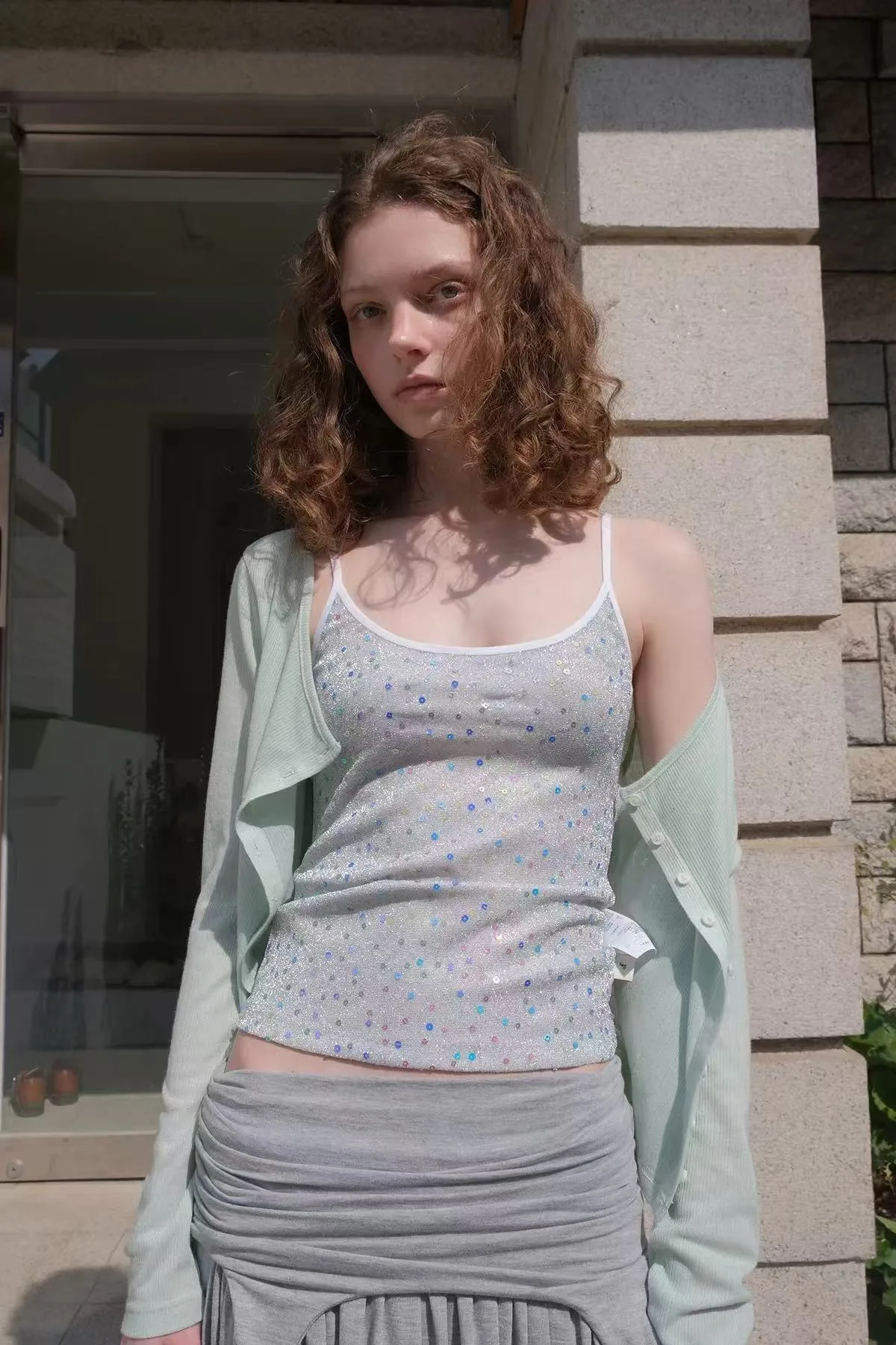 Shiny Sequin Mermaid Pearl Strap Vest Top Women's Slim Fit Polyester Fiber Short Length  Color Single Button Closure