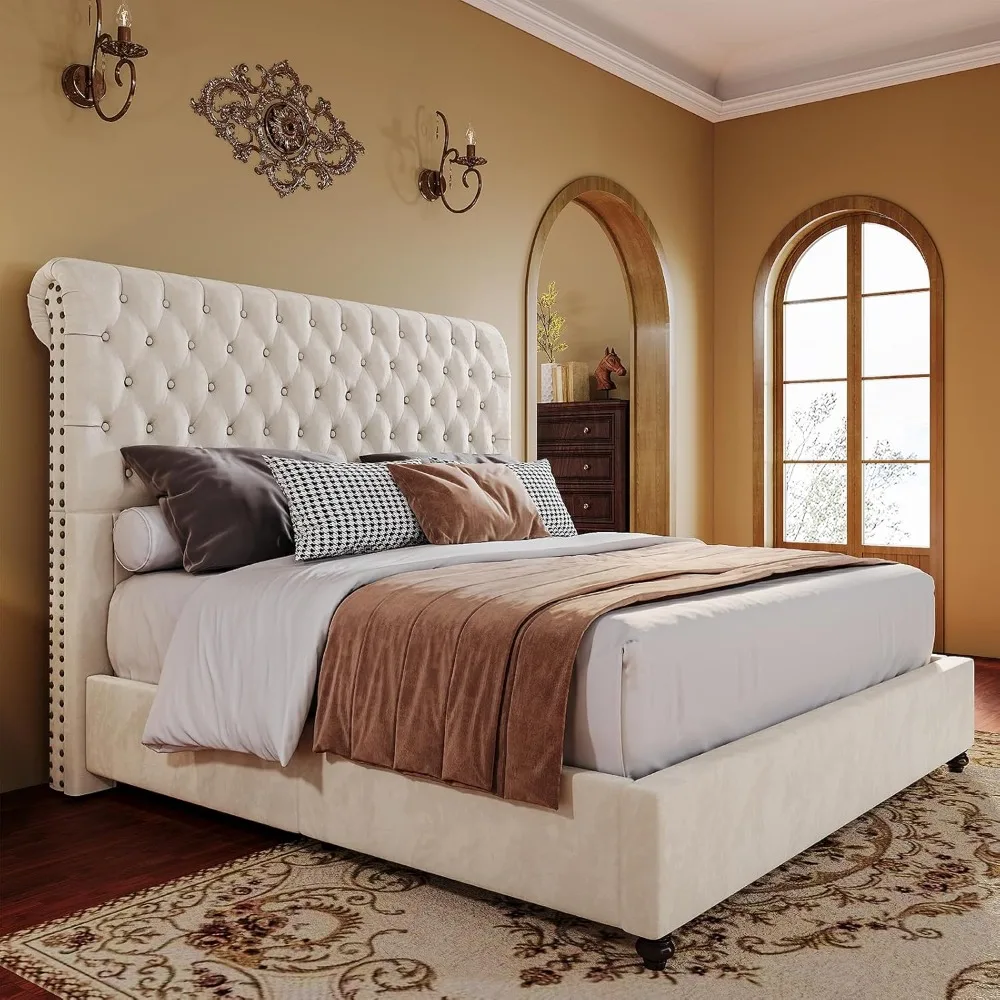 King Bed Frame Upholstered Bed Frame 52.8'' Tall Sleigh Headboard, Button Tufted, No Box Spring Needed, Easy Assembly, Cream