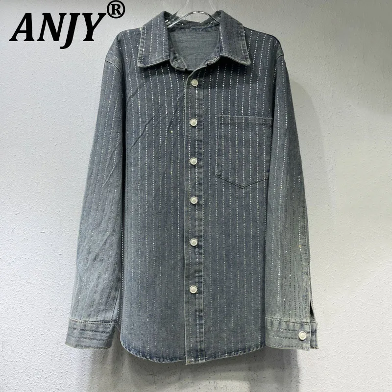 

ANJY Autumn New Woman Chic Denim Shirt Coat Studded Diamonds Long Sleeve Single Breasted Pocket Streetwear Casual Y2K Tops A8713