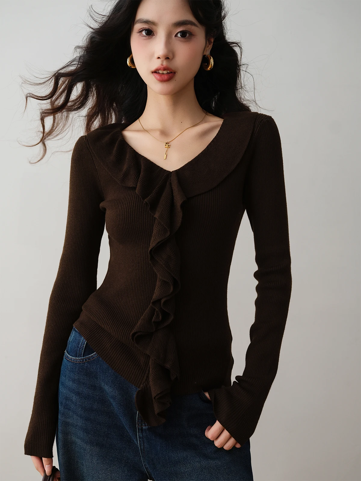 

Женский вязаный свитер Ronron с V-образным вырезом, кружевной отделкой, длинный, для ношения под одеждой, из полиэфирного волокна, модный