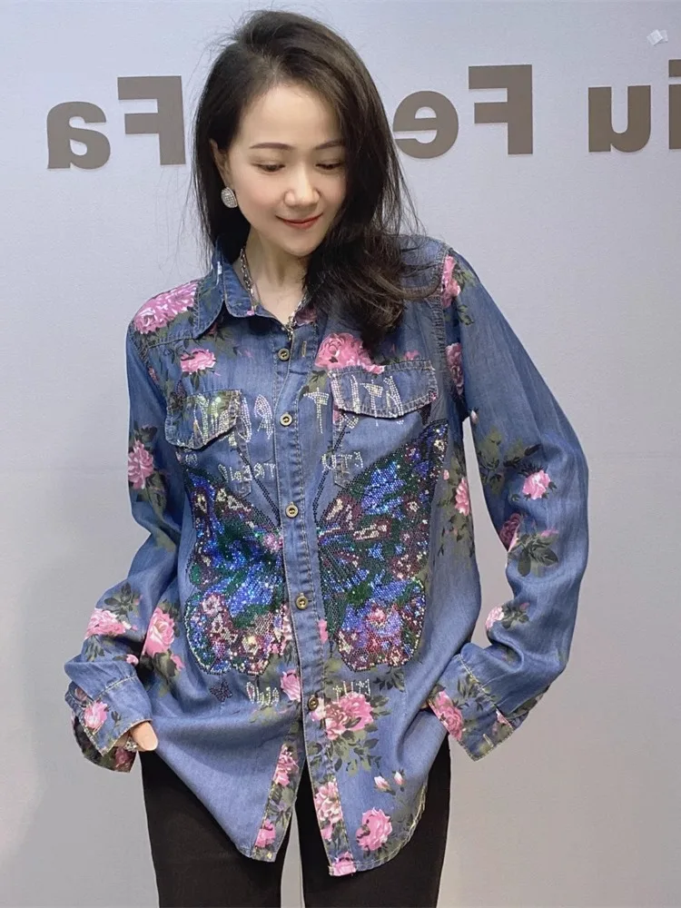 

Cool Soft Denim irt Thin Drapey Retro Slim Fit Collar Women Summer Embellied Long Sve Korean Sle Commute