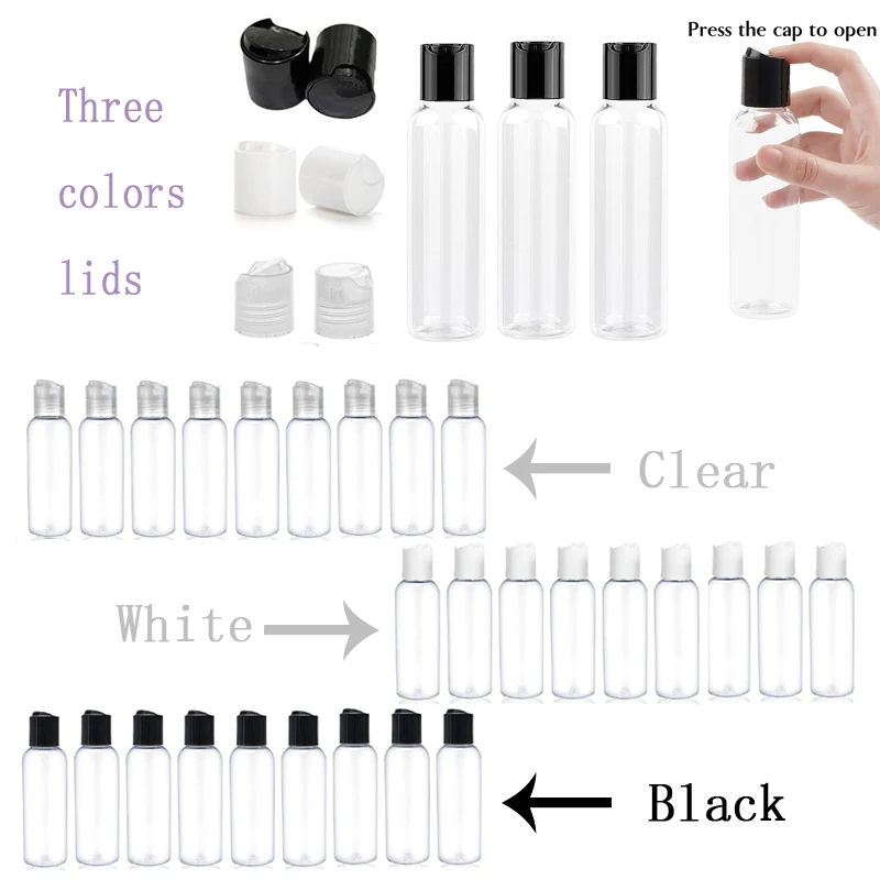 

100Pcs 30/50/60/100ml Plastic Empty Bottles with Clear White Black Disc Top Caps Refillable Containers For Shampoo Lotion Cream