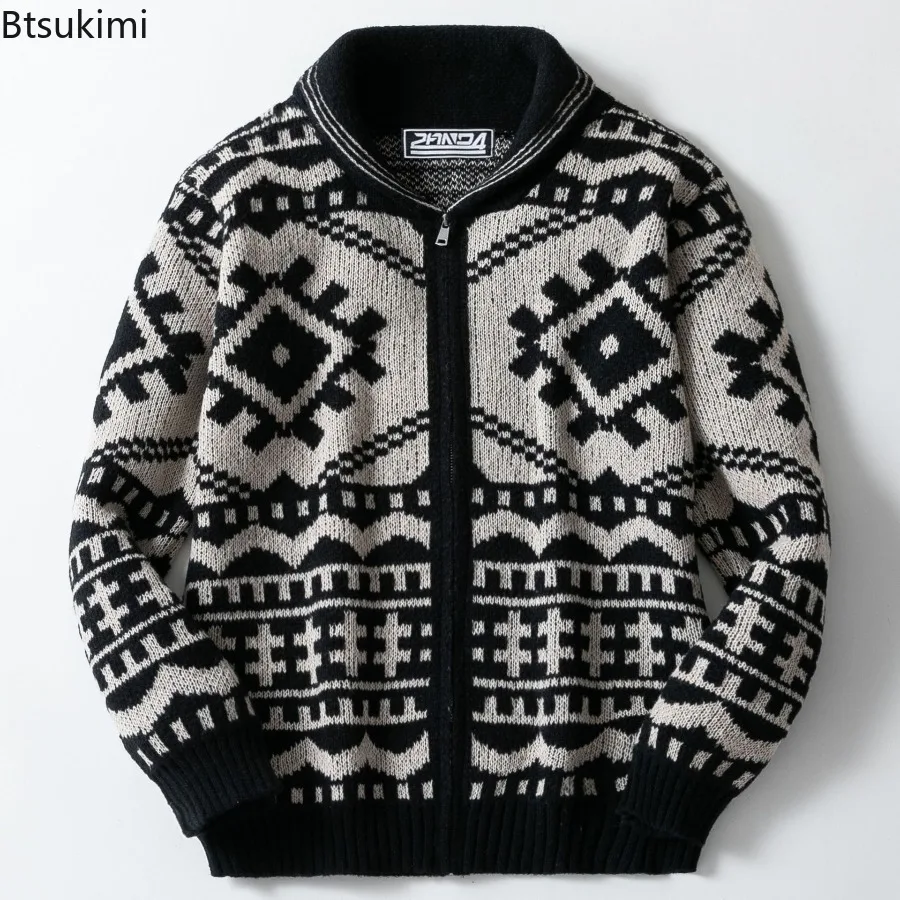 

New Men Clothing Autumn Winter Vintage Jacquard Knitted Sweater Jackets Long Sleeve Zipper Casual Cardigans Coats Men Streetwear