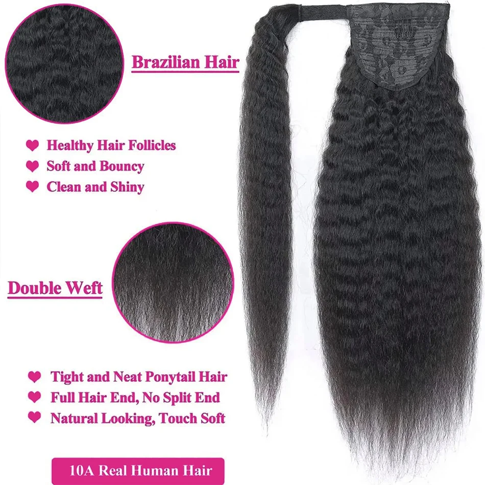 100g Rambut Manusia Kinky Straight Model Wrap Around Ponytail Ekstensi Rambut Remy Potongan Rambut Brasil Warna Alami Untuk Wanita