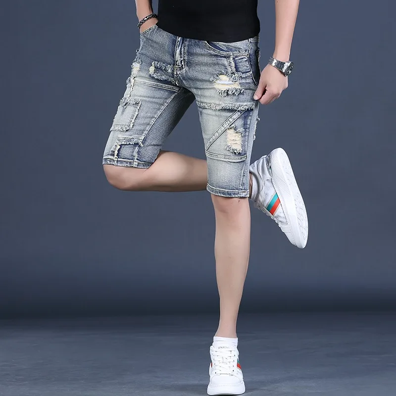 Vintage Ripped Shorts Jeans Men Summer Streetwear Casual Retro Blue Slim Fit Cotton Denim Shorts