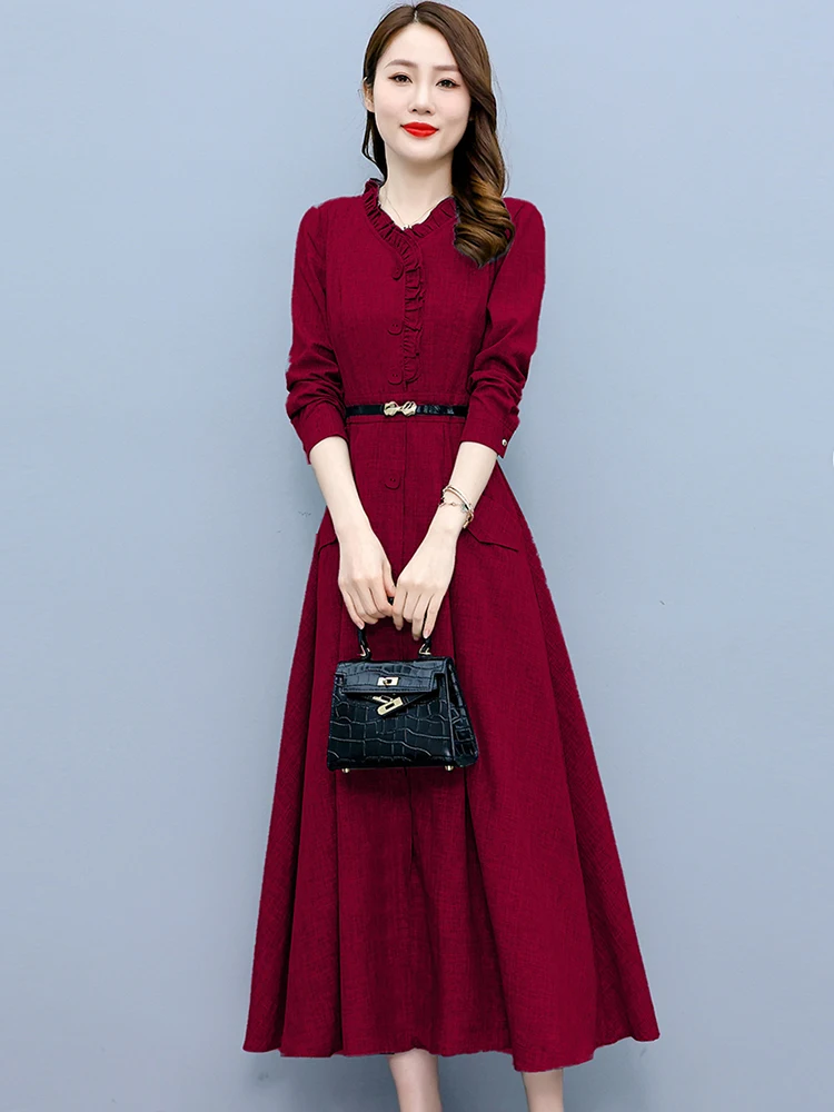 Spring Autumn Long Sleeve Cotton Linen Midi Dress Women Elegant Bodycon Office Lady Dress 2024 Vintage Solid Casual Party Dress