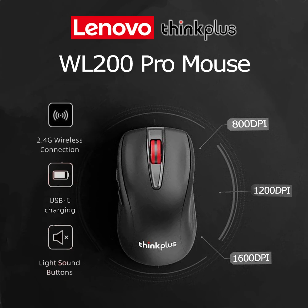 

Мышь Lenovo thinkplus WL200 Pro, бесшумная перезаряжаемая DPI для ПК, ноутбука, USB-C, левая и правая рука, 2,4G, высокоточная оптическая