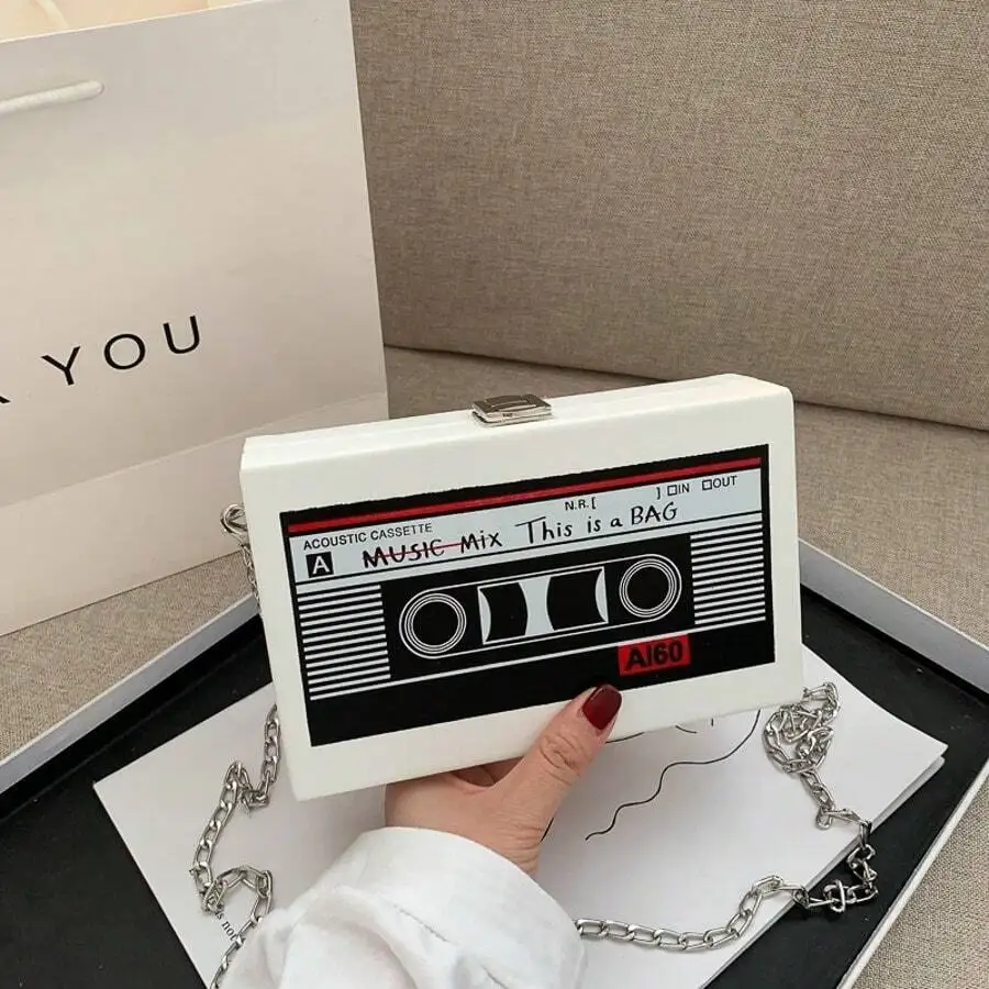 Cassette Tape Shaped Crossbody Bag With Metal Chain Strap Rigid Box Purse For Women Street Fashion view 2