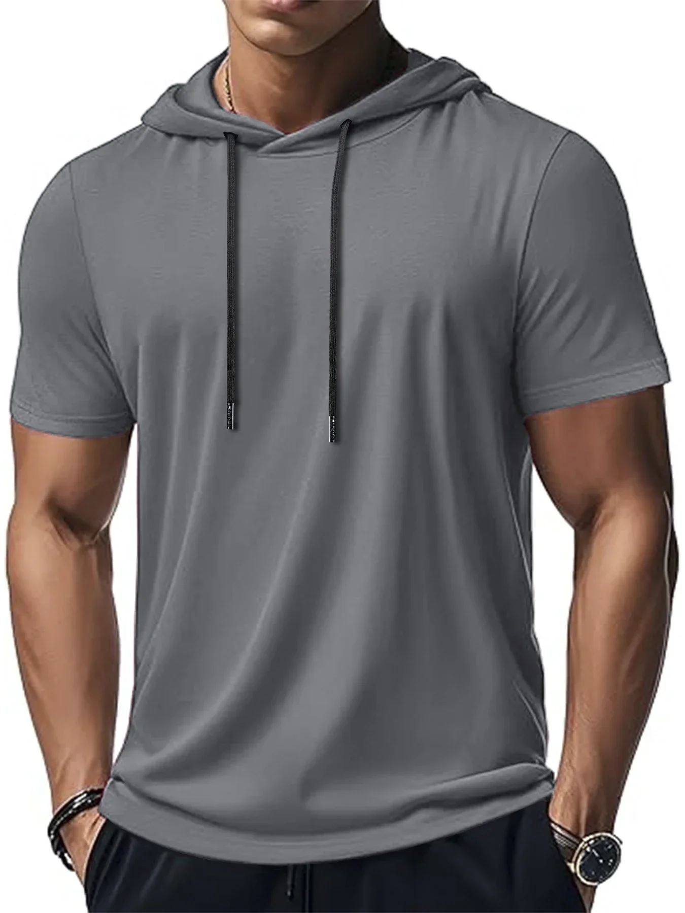 Trendiger und modischer, dünner Stil für Herren, atmungsaktiv, locker, Outdoor, Laufen, lässig, Top, Sport, kurzärmelig, T-Shirt mit Kapuze – Detail 10