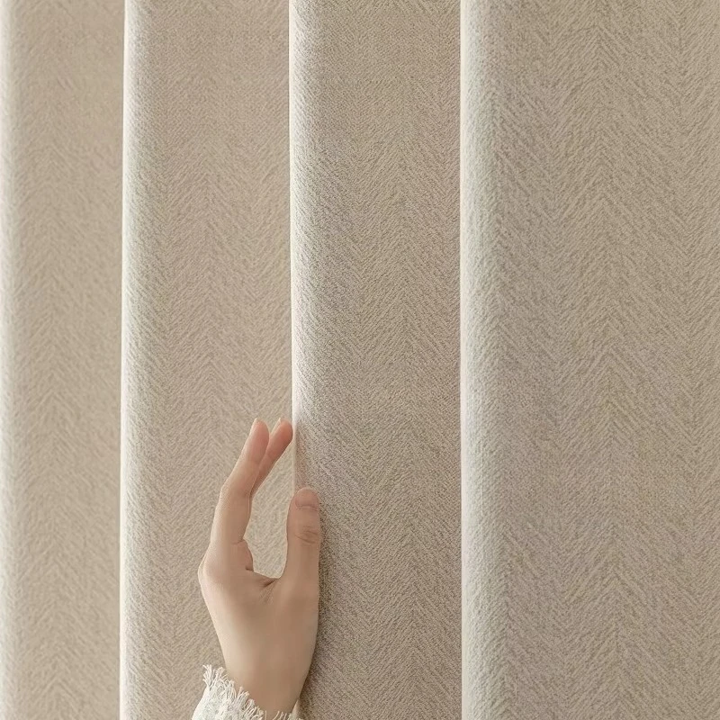 Double-Sided Herringbone Chenille Curtains for Living Dining Room Bedroom Jacquard Weave Soft Texture Cream-Colored Custom Size