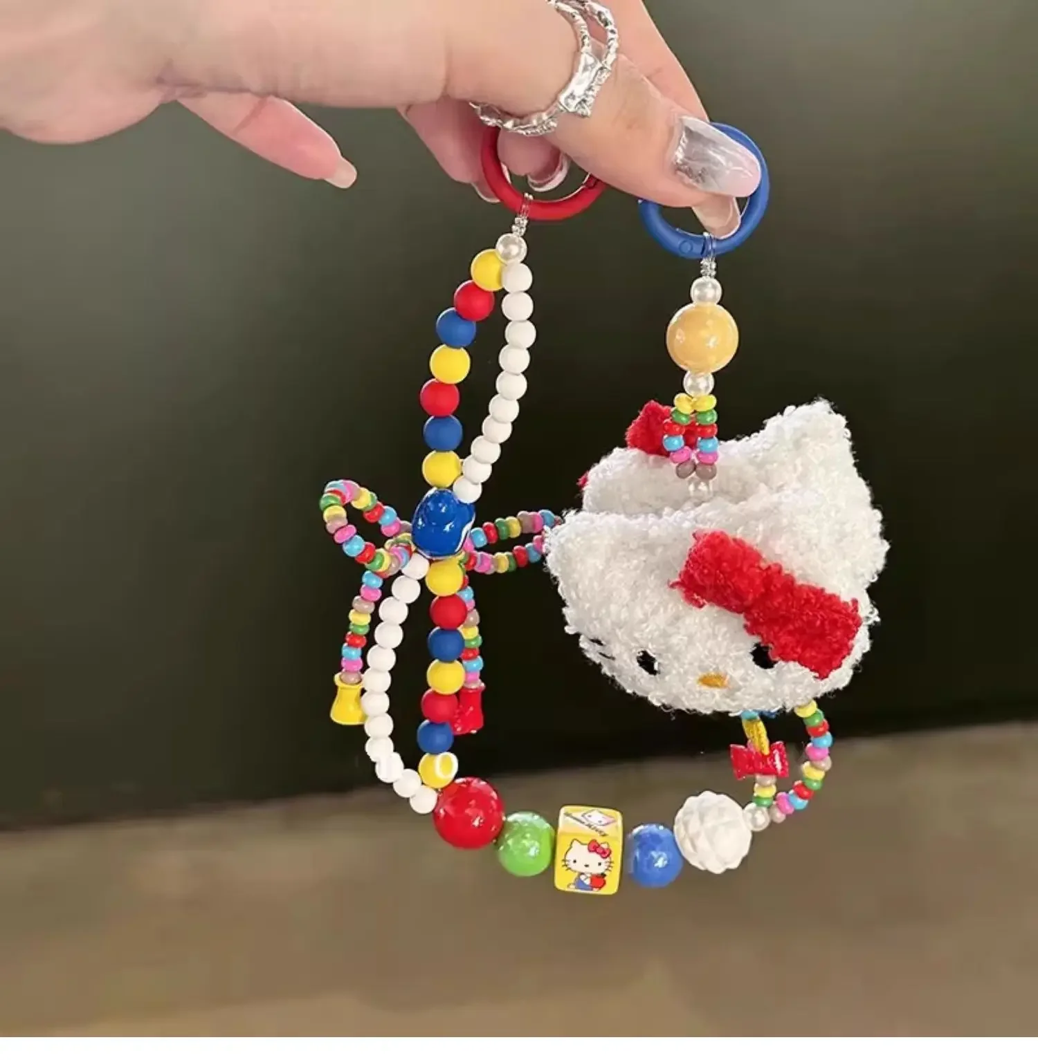 Hello Kitty Colorful Beaded Keychain Kawaii Cartoon Plush Phone Strap Wrist Strap Backpack Pendant Decoration Birthday Present