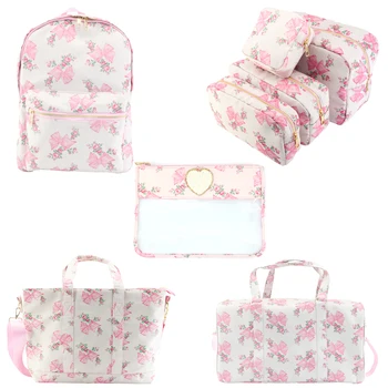 Moda rosa arco sacola bolsas impressas náilon saco de cosméticos saco de viagem durante a noite fim de semana mochila conjunto crianças duffle saco escolar