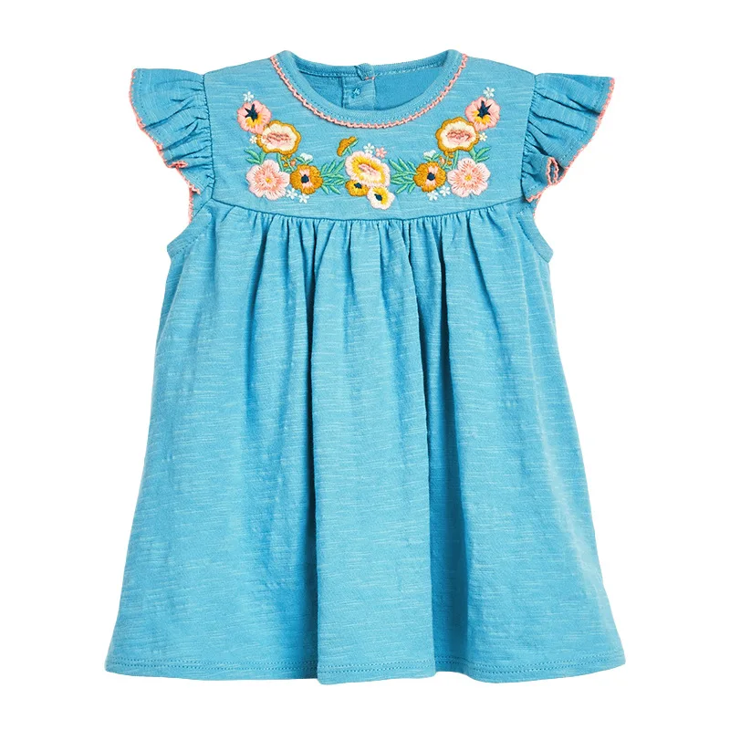 Little maven Baby Girls 2024 Casual Clothes Children Lovely Blue Flower Dress Cotton for Kids 2-7 year