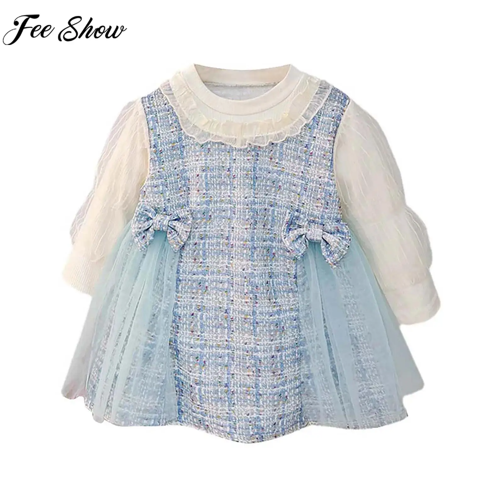 فستان الأميرة توتو الجميل للفتيات الصغيرات بأكمام طويلة مع فيونكة منقوشة من التل تويد فستان ربيع الخريف للارتداء اليومي وحفلات أعياد الميلاد