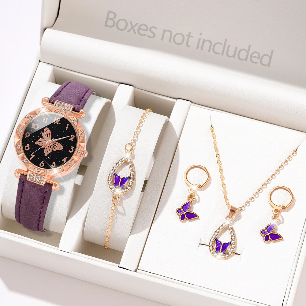 5PCS/Set Purple Women Watch Fashionable Butterfly Element Dial Quartz Wristwatch Frosted Strap Watch Jewelry Set Gift For Girls