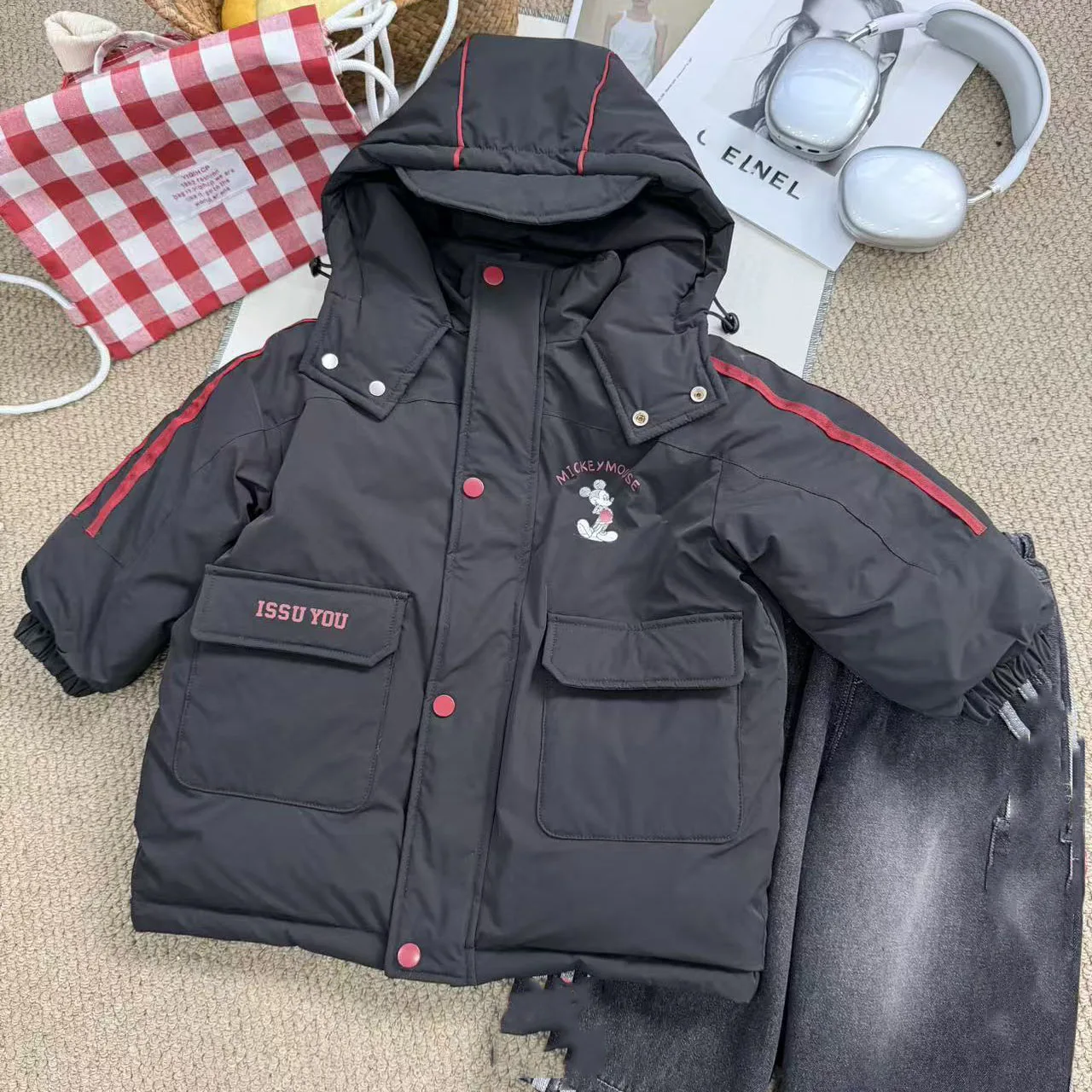 

Толстая куртка с капюшоном и принтом Микки для мальчиков, хлопковое пальто с мультяшным рисунком, осенне-зимнее корейское детское теплое пальто