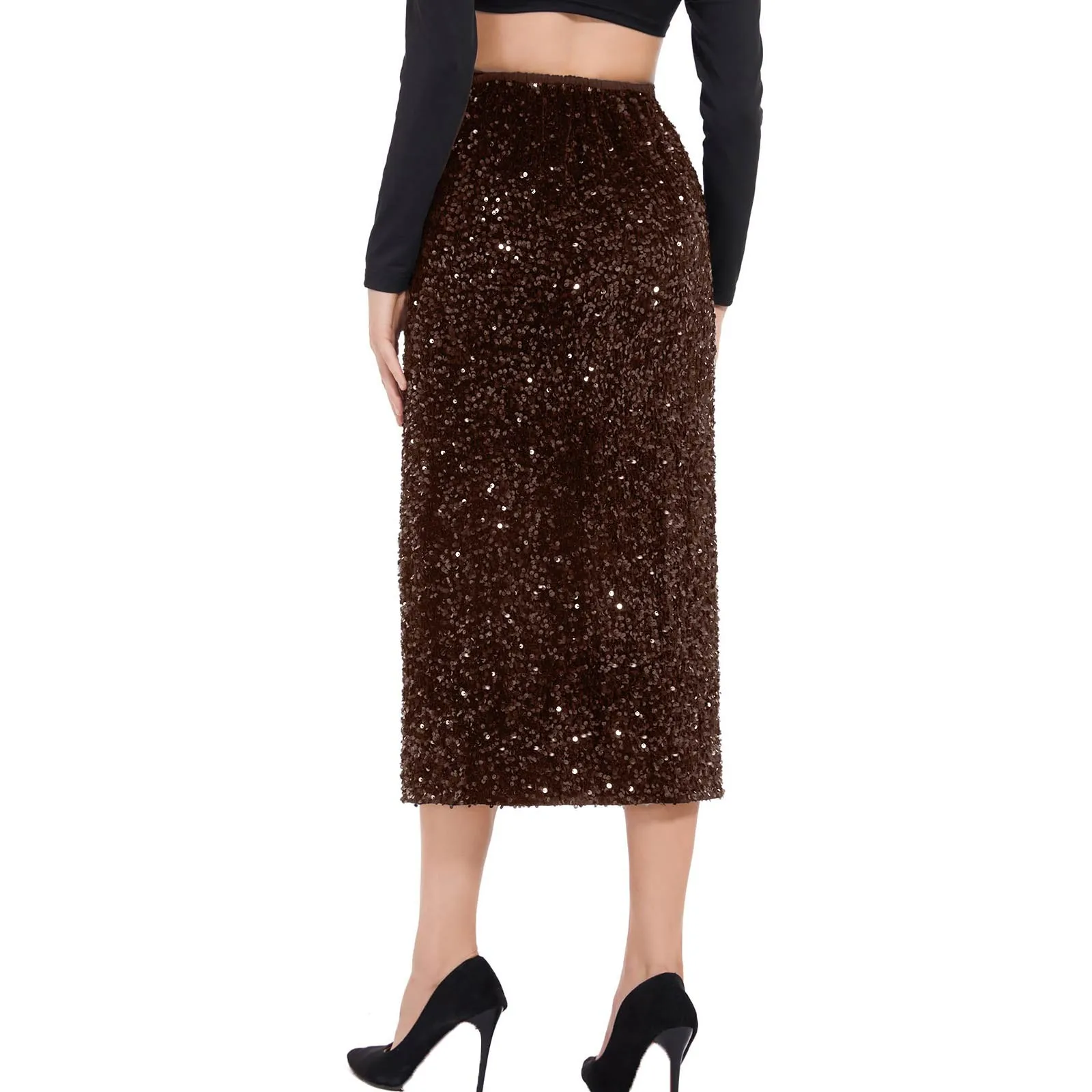 Women’s Sequin Velvet Skirt Elastic High Waist Split Hem Glitter Solid Color Night Out Party Outfit Maxi Skirt Elegant Dress