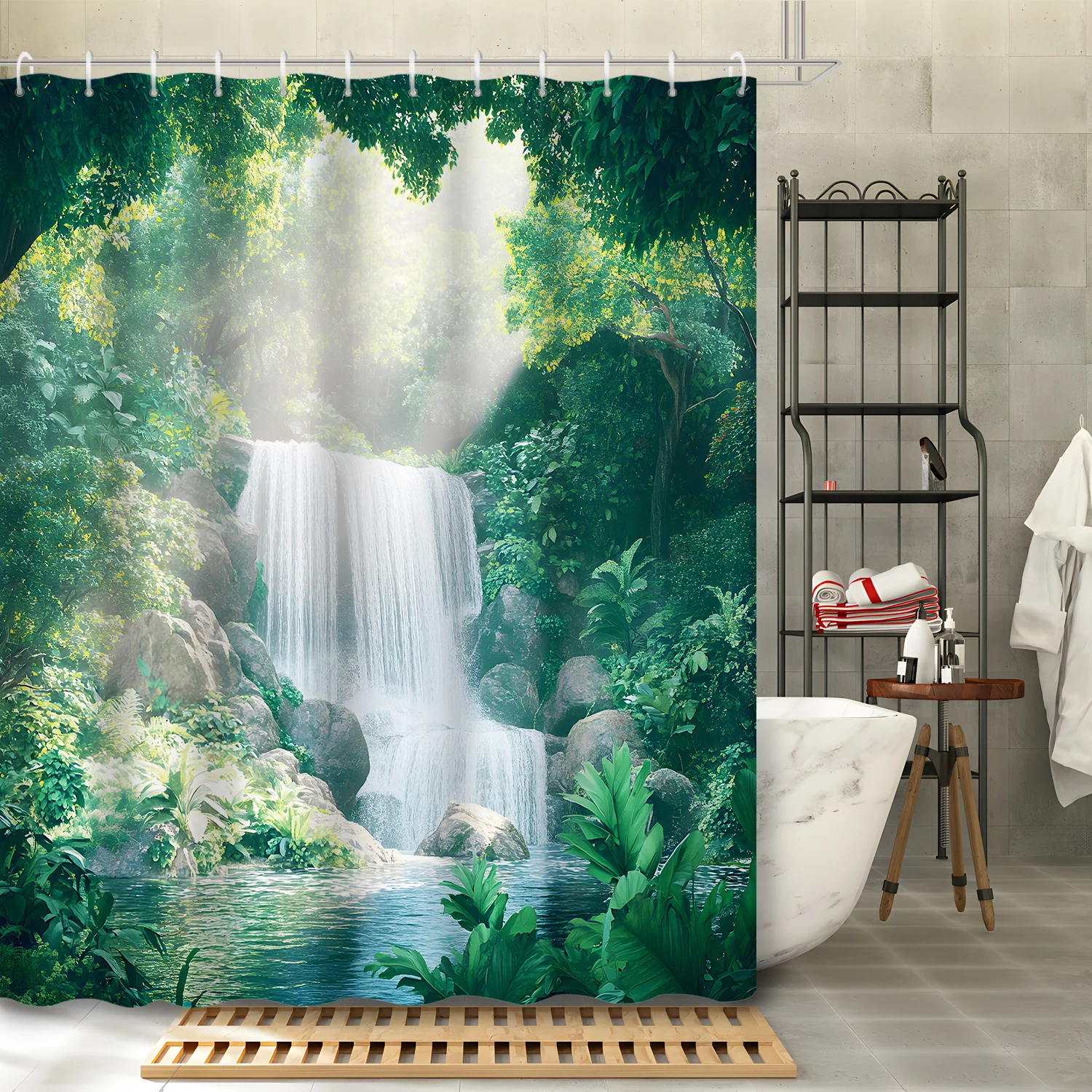 

1 шт., зеленый оригинальный лес, натуральная долина, водопад, пейзаж, зеленые листья джунглей, дерево, занавеска для душа, перегородка, 12 крючков