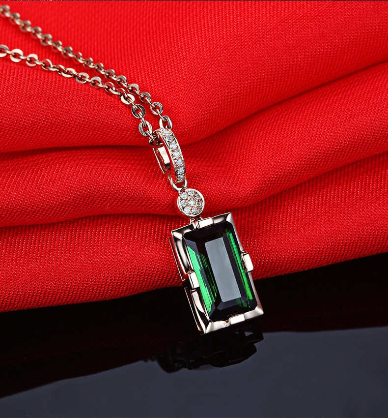 Fashion Square Crystal Zircon Pendant Necklace for Women Rose Gold Plated Natural Emerald Tourmaline Necklaces Jewelry Collares