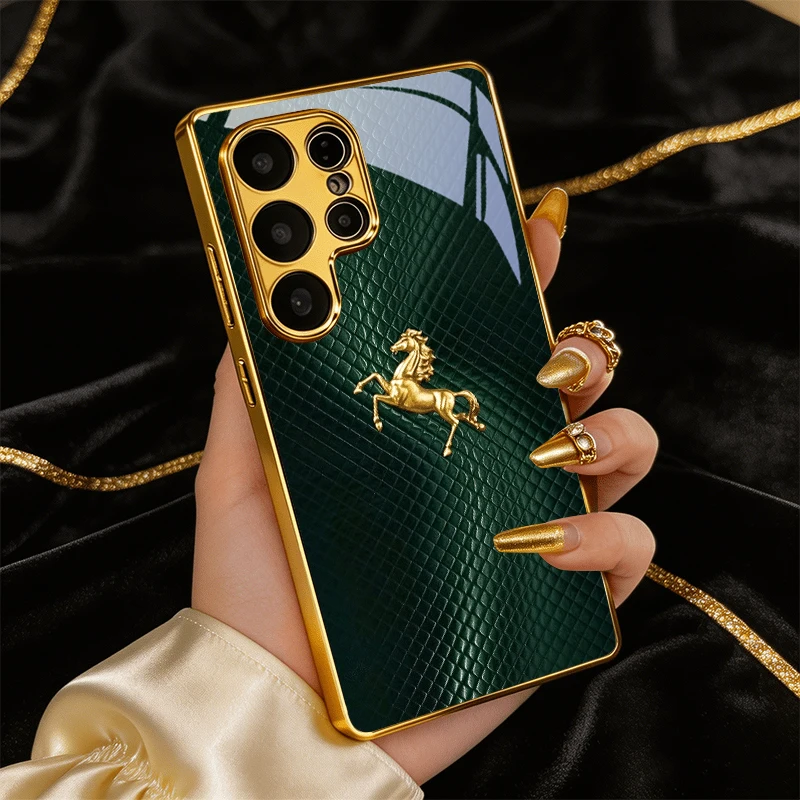 Stallion Emblem Electroplated Golden Phone Case For Samsung Galaxy S25 S24 S26 S23 S22 S21 S20 Ultra Plus FE S26Pro Glass Cover