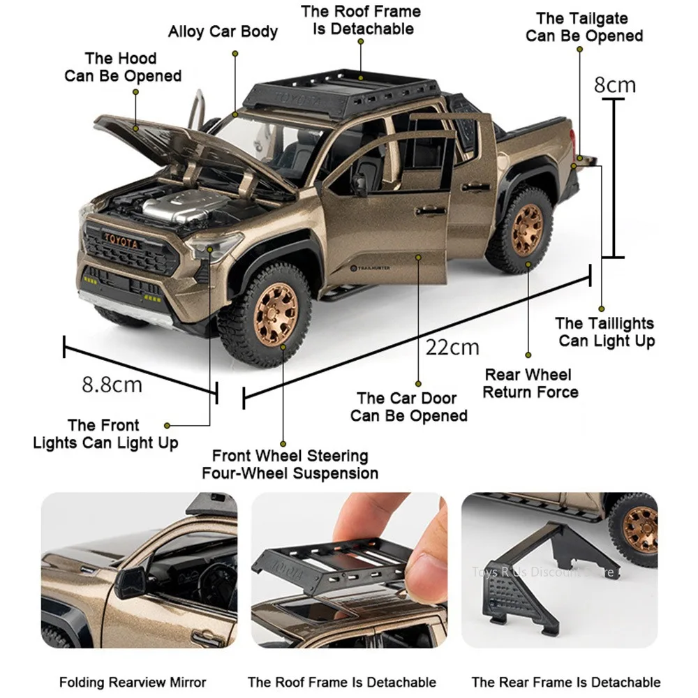 Modelli Tacoma in scala 1:24 Auto Giocattoli pressofusi in lega con suono leggero Ruota SUV in miniatura Tirare indietro Veicoli fuoristrada Decorazioni per la casa