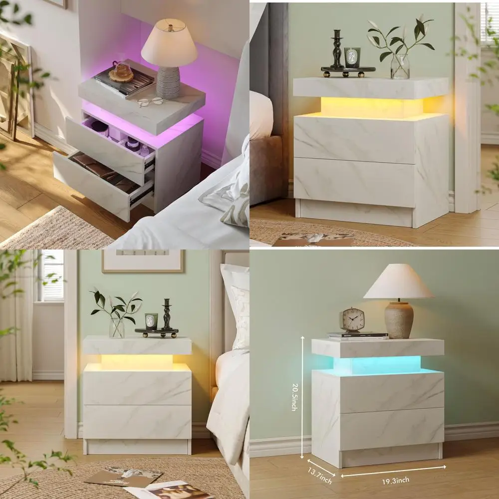 

Modern White LED Nightstand with 2 Drawers, Bedroom Side Table, 13x19x20 JCF02
