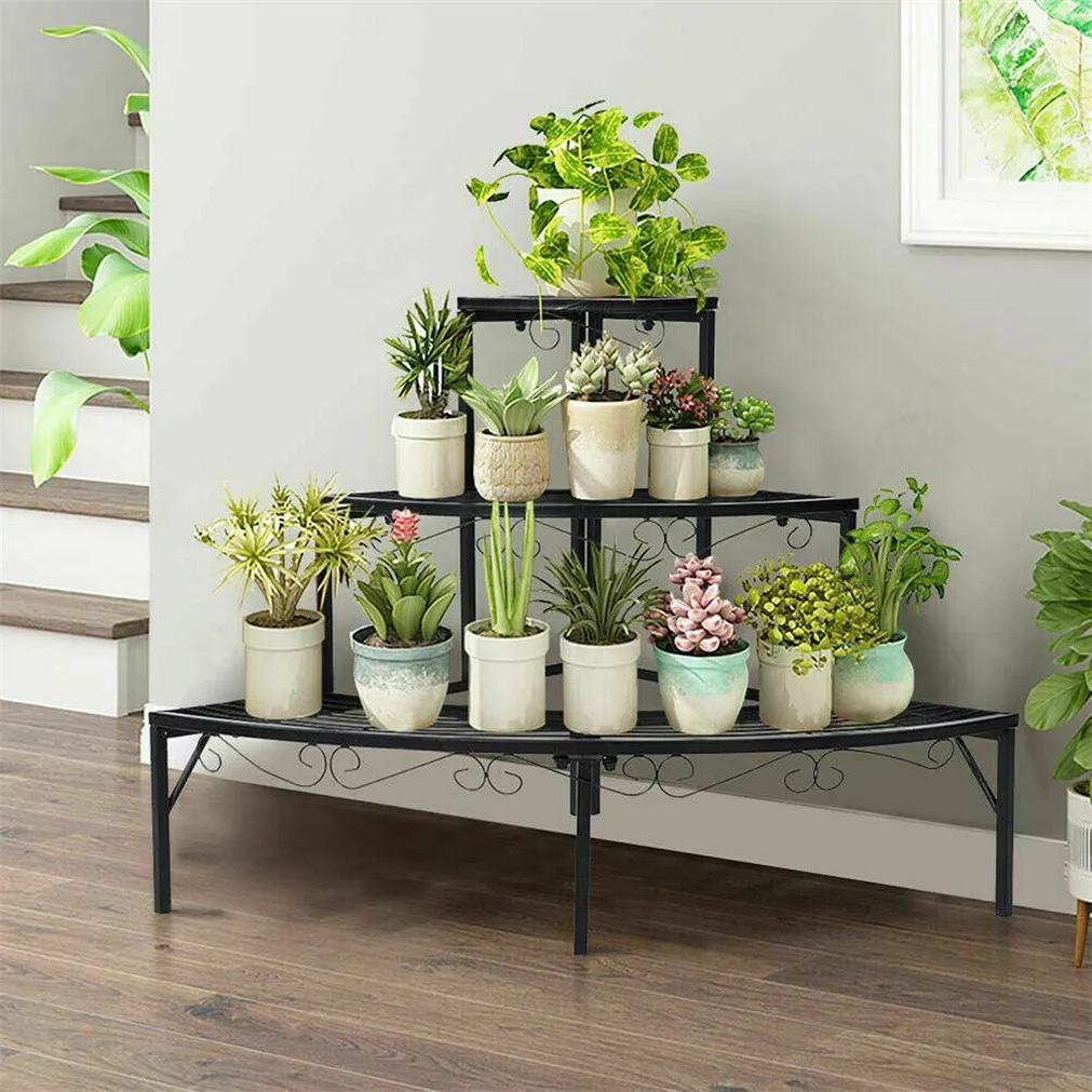 qp-Outdoor Indoor Pot Plant Stand Garden Metal 3 Tier Quarter Round Planter Corner Shelf Display Holder-
